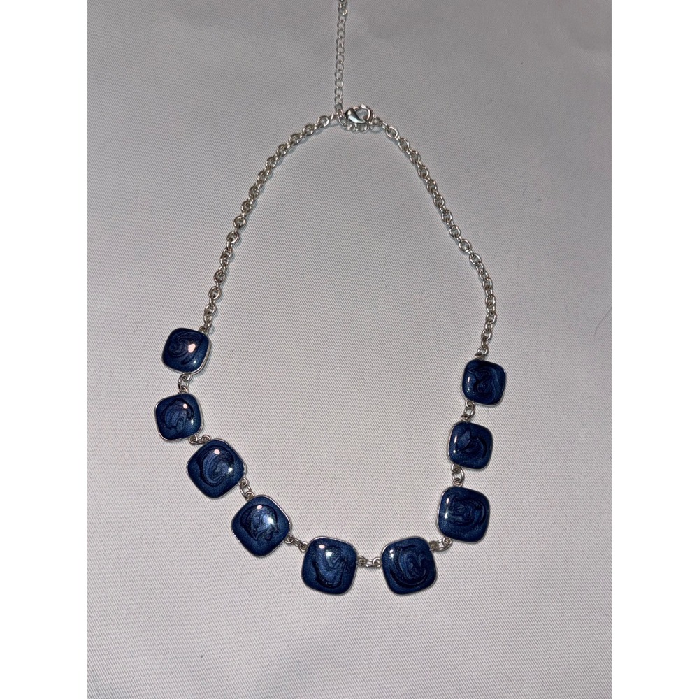 Navy Blue Enamel Square Station Necklace Silver Tone Swirl Marbled Geometric